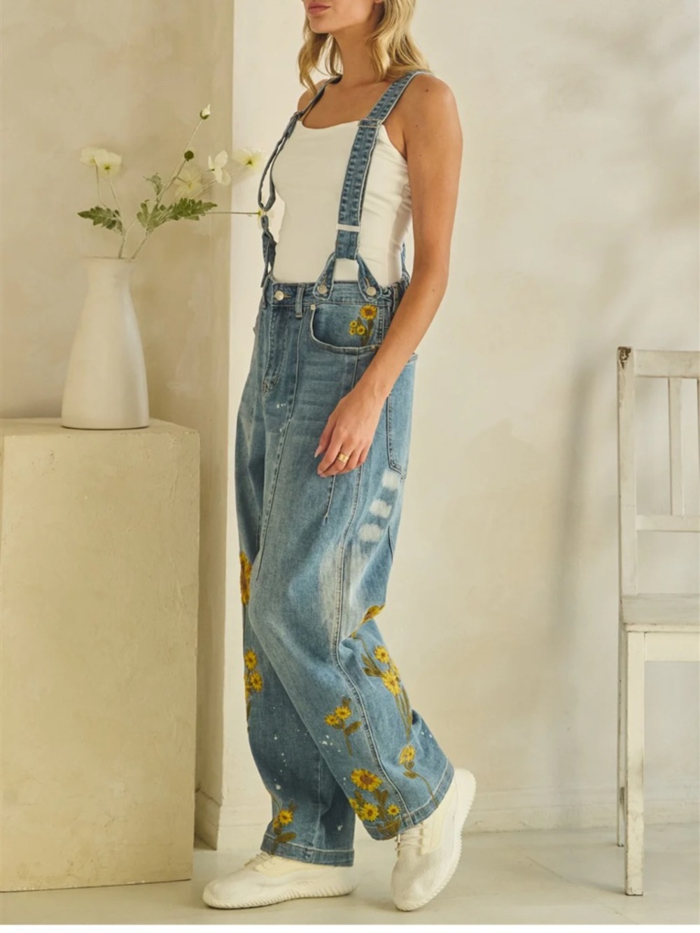 💕LAST ONE! Oli & Hali Blue Denim Overalls with Sunflower Embroidery - Picture 6 of 12